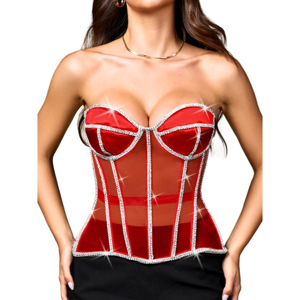 8632 Rhinestone Sheer Mesh Corset,Elegant Strapless Lace Up Corsets,Glitter